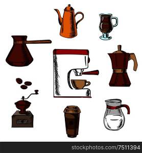 Coffee drinks icons with grinder, pot, sugar, beans, cups and coffee maker around coffee machine. Colorful vector illustration. Coffee icons around the coffee machine