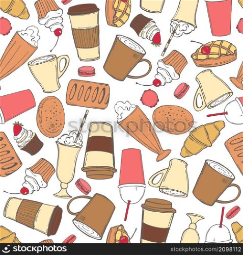 Coffee drinks, milkshakes and desserts. Vector seamless pattern.. Coffee drinks, milkshakes and desserts. Vector pattern.