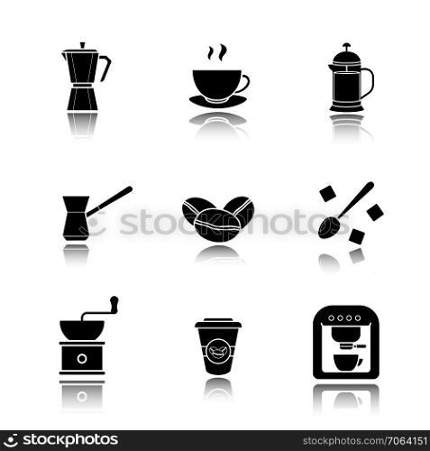 Coffee drop shadow black icons set. Espresso machine, classic coffee maker, steaming mug on plate, french press, turkish cezve, spoon with sugar cubes, hand mill. Isolated vector illustrations. Coffee drop shadow black icons set