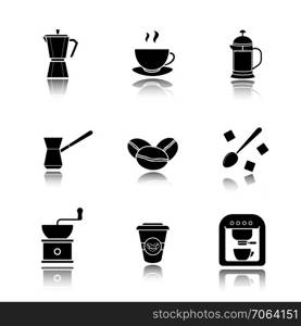 Coffee drop shadow black icons set. Espresso machine, classic coffee maker, steaming mug on plate, french press, turkish cezve, spoon with sugar cubes, hand mill. Isolated vector illustrations. Coffee drop shadow black icons set