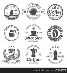 Coffee emblem set with premium beams coffee house and coffee shop descriptions vector illustration. Coffee Emblem Set