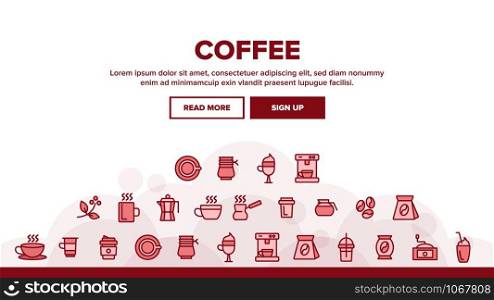 Coffee Equipment Landing Web Page Header Banner Template Vector. Coffee And Latte Cup, Beverage Machine And Brewing Pot Illustration. Coffee Equipment Landing Header Vector