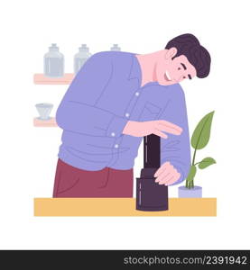 Coffee fan isolated cartoon vector illustrations. Strong man prepares coffee with aero press, grinding beans, modern home kitchen appliances, morning rituals, home cooking vector cartoon.. Coffee fan isolated cartoon vector illustrations.