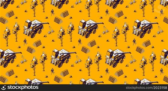 Coffee farming and harvesting isometric seamless pattern. Farmers working on field care of plants and collecting crop with harvester machine, combine machinery field works, 3d vector line art ornament. Coffee harvesting isometric seamless pattern.