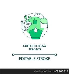 Coffee filters and teabags concept icon. Food-spoiled paper waste idea thin line illustration. Rotting in landfill. Reusing coffee grounds. Vector isolated outline RGB color drawing. Editable stroke. Coffee filters and teabags concept icon