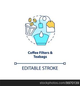 Coffee filters and teabags concept icon. Food-spoiled paper waste idea thin line illustration. Renewable and biodegradable material. Vector isolated outline RGB color drawing. Editable stroke. Coffee filters and teabags concept icon