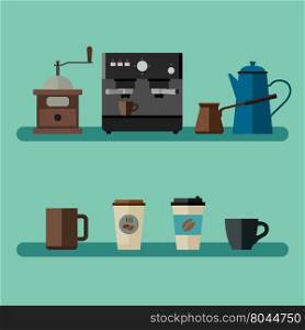 Coffee flat banner with simple icons coffee machine, cups, coffee beans and coffee pots.