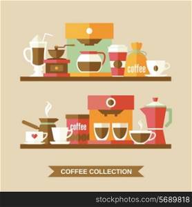 Coffee flat collection drink decorative icons on shelves vector illustration
