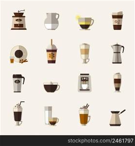 Coffee flat icons set. Cup and turk, grinder and maker, drink and latte, takeaway and mocha, vector illustration. Coffee flat icons