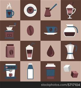 Coffee flat icons set with cup mug hot dring pot turk pouch jar isolated vector illustration