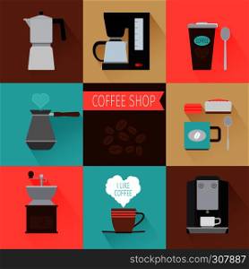 Coffee flat modern icons. Coffee machine and cup of coffee vector illustration. Coffee flat icons