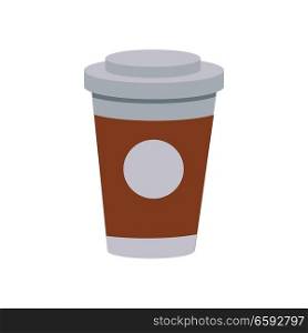Coffee from plastic or paper cup with lid and drink logo on white background. Takeaway hot beverage in disposable body. Vector illustration in cartoon style flat design for websites, infographics, app.. Takeaway Coffee Cup with Lid Graphic Modern Icon