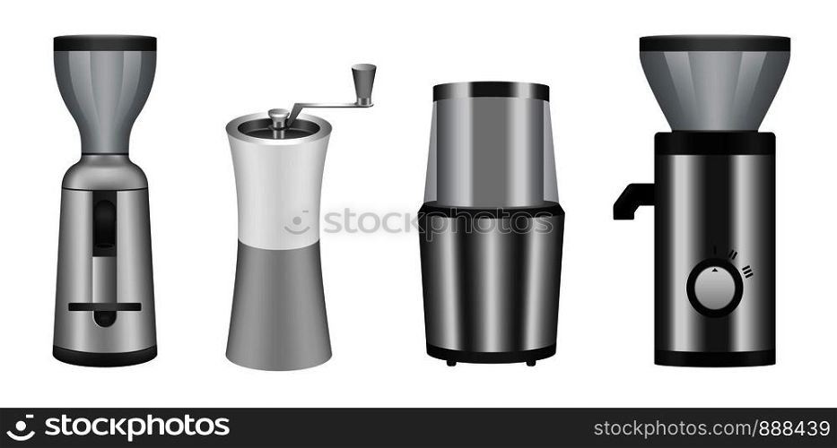 Coffee grinder icons set. Realistic set of coffee grinder vector icons for web design isolated on white background. Coffee grinder icons set, realistic style