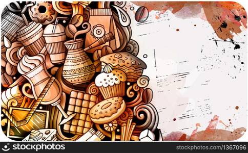 Coffee hand drawn doodle banner. Cartoon detailed flyer. Drinks identity with objects and symbols. Watercolor vector design elements background. Coffee hand drawn doodle banner. Cartoon detailed flyer.