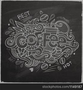 Coffee hand lettering and doodles elements background On Chalkboard. Vector illustration