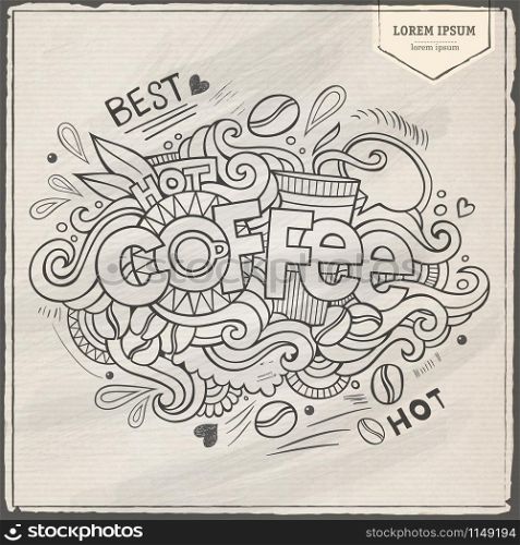 Coffee hand lettering and doodles elements background. Vector illustration