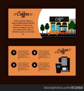 Coffee horizontal flyers with shop building and landscape, vector illustration. Coffee horizontal flyers with shop building