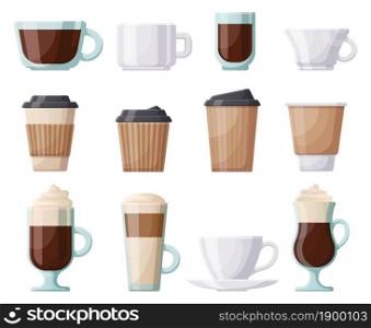 Coffee hot drink cup, ceramic, plastic, paper coffee cups. Hot coffee mugs, cafe, restaurant or take out coffee vector illustration set. Paper and glass coffee cup. Hot beverage coffee in plastic mug. Coffee hot drink cup, ceramic, plastic, paper coffee cups. Hot drinks coffee mugs, cafe, restaurant or take out coffee vector illustration set. Paper and glass coffee cup