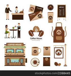 Coffee house and cafe icons set with cup table waiter isolated vector illustration. Coffee House Set