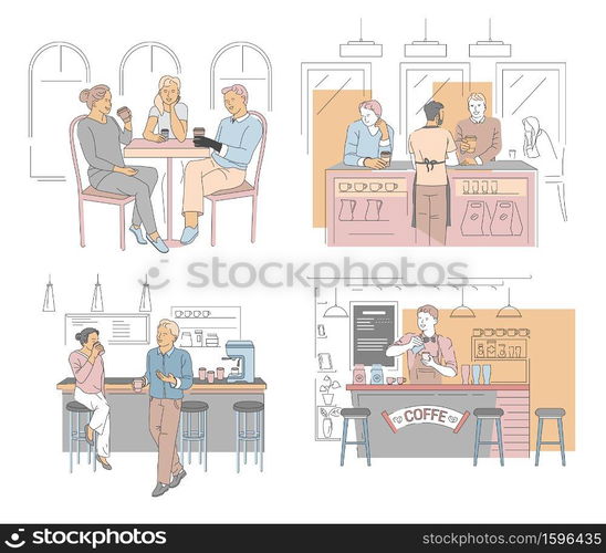 Coffee house, bar and barista, hot beverages, cafe isolated icons vector. Brewing machine and tables, bartender in apron at counter, americano and latte. Cappuccino and mocha in mugs, takeaway cups. Bar and barista, coffee house with hot beverages, isolated icons