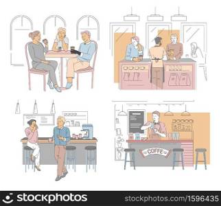 Coffee house, bar and barista, hot beverages, cafe isolated icons vector. Brewing machine and tables, bartender in apron at counter, americano and latte. Cappuccino and mocha in mugs, takeaway cups. Bar and barista, coffee house with hot beverages, isolated icons