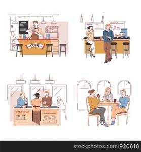 Coffee house, bar and barista hot beverages cafe isolated pastel icons, brewing machine and tables bartender in apron americano and latte cappuccino and mocha in mugs and takeaway cups vector. Coffee house, bar and barista, hot beverages cafe isolated icons
