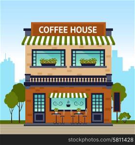 Coffee house building facade with city on background vector illustration. Coffee House Building