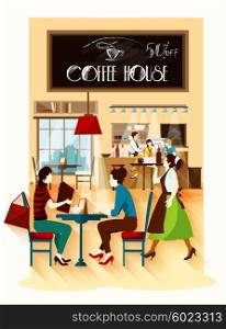 Coffee House Design Concept. Coffee house design concept with cafe employees behind bar waitress with tray and visitors sitting at table flat vector illustration
