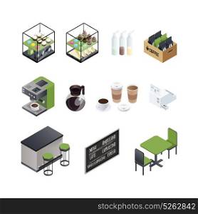 Coffee House Elements Set. Coffee house isometric elements set with cups black board seats coffee machine and sweet donuts cakes vector illustration
