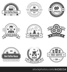 Coffee House Emblems Set. Coffee house emblems set with cups grinder and beans black white color isolated vector illustration