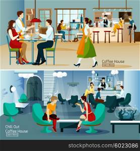 Coffee House Horizontal Banners. Coffee house horizontal banners with barman waitress and people in bar and hall flat vector illustration