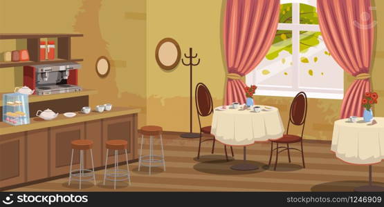 Coffee house, interior, rack, chairs coffee machine tables vector illustration. Coffee house, interior, rack, chairs, coffee machine, tables, vector, illustration, cartoon style, isolated