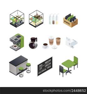 Coffee house isometric elements set with cups black board seats coffee machine and sweet donuts cakes vector illustration. Coffee House Elements Set