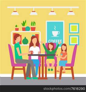 Coffee house or cafe, family drinking tea at table vector. Interior design, pictures and indoor plants, eating out in public place, parents and children. Family at Coffee House or Cafe Drinking Tea at Table