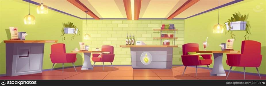 Coffee house or cafe interior with cashier desk, shelf with roasted beans packs, tables with dessert and armchairs, litter bin. Empty cafeteria with furniture, food court. Cartoon vector illustration. Coffee house or cafe interior with cashier desk