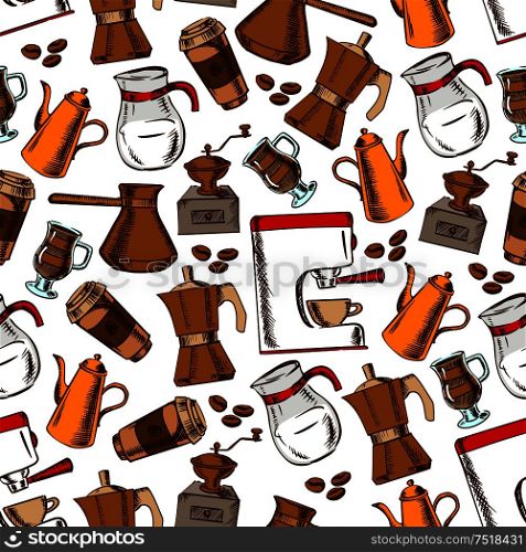 Coffee house pattern with seamless sketchy coffee pot, cup and grinder, espresso machine, takeaway paper cup and milk pitcher on white background with roasted coffee beans. Coffee pots and cups seamless pattern