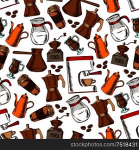 Coffee house pattern with seamless sketchy coffee pot, cup and grinder, espresso machine, takeaway paper cup and milk pitcher on white background with roasted coffee beans. Coffee pots and cups seamless pattern