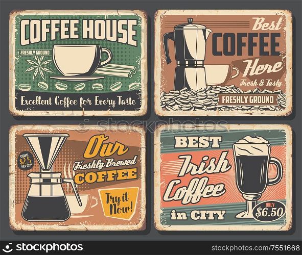 Coffee house retro grunge posters, cafe hot drinks signs. Vector coffeehouse portafilter, Irish coffee and espresso cup, americano and cappuccino from premium quality ground coffee beans. Coffee retro poster, espresso, cappuccino cup