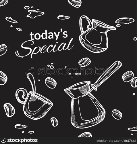 Coffee house todays special in cafe or restaurant brewing and making warm beverages. Advertisement poster with cezve and ceramic cups and saucer. Monochrome sketch outline, vector in flat style. Todays special, cafe or restaurant coffee house