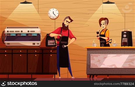 Coffee house vector illustration with barista and barmaid standing near coffee machine and holding brewed drink. Coffee House Vector Illustration