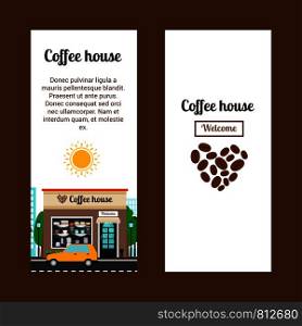 Coffee house vertical flyers with shop building and landscape, vector illustration. Coffee house vertical flyers