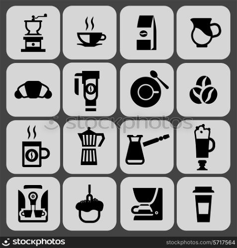 Coffee icons black set with hot drink cup mug french press isolated vector illustration