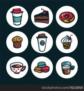 Coffee icons. Colorful doodle style cartoon set of objects on coffee theme. Coffee cups and sweets with on dark background. Exellent for menu design, stickers and apps. Vector illustration. Coffee set. Colorful doodle style cartoon set of objects on coffee theme. Coffee cups and sweets with inscriptions on dark background. Exellent for menu design and cafe decoration. Vector illustration.