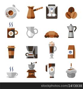 Coffee icons flat set with french press machine pouch grinder isolated vector illustration