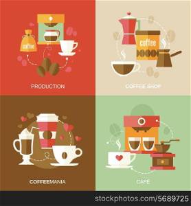 Coffee icons flat with production shop cafe vector illustration