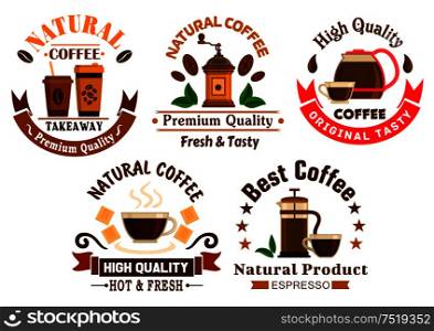 Coffee icons for cafe signboards. Coffee pitcher, coffee maker, mill, tea cup, kettle, french press, white chocolate, stars and ribbons. Template for cafeteria menu, fast food poster, delivery placard. Coffee icons for cafe signboards
