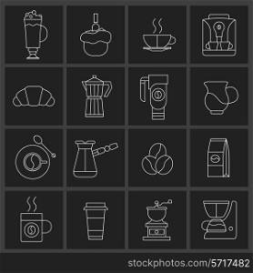 Coffee icons outline set with croissant turk coffee-bulb pot isolated vector illustration