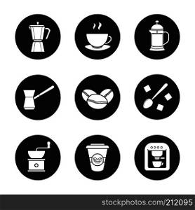 Coffee icons set. Espresso machine, classic coffee maker, steaming mug on plate, french press, turkish cezve, spoon with sugar cubes, hand mill. Vector white silhouettes illustrations in black circles. Coffee icons set