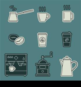 Coffee icons set. Vector line icons coffee machine, cups, coffee beans and coffee pots.