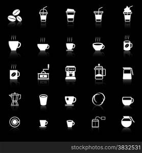 Coffee icons with reflect on black background, stock vector